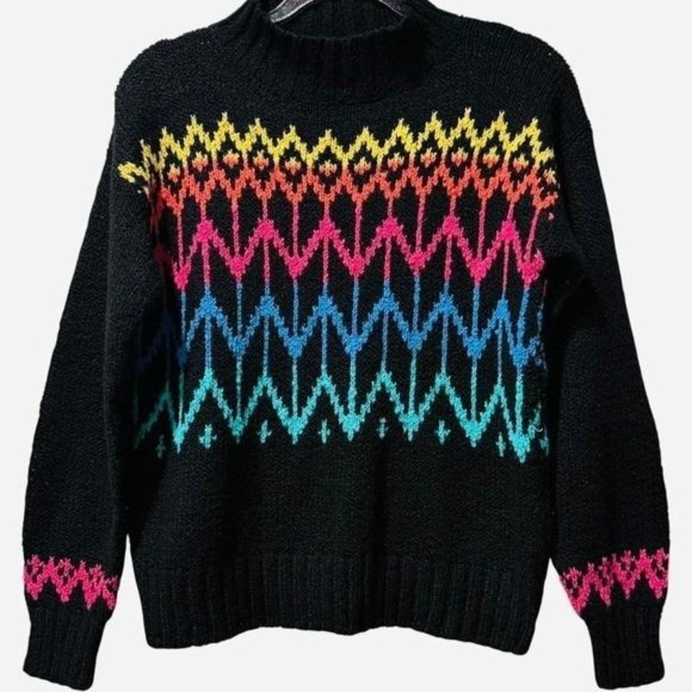 Rare DEB Vintage 90s Retro Neon Fair Isle Sweater Black Acrylic Knit‎